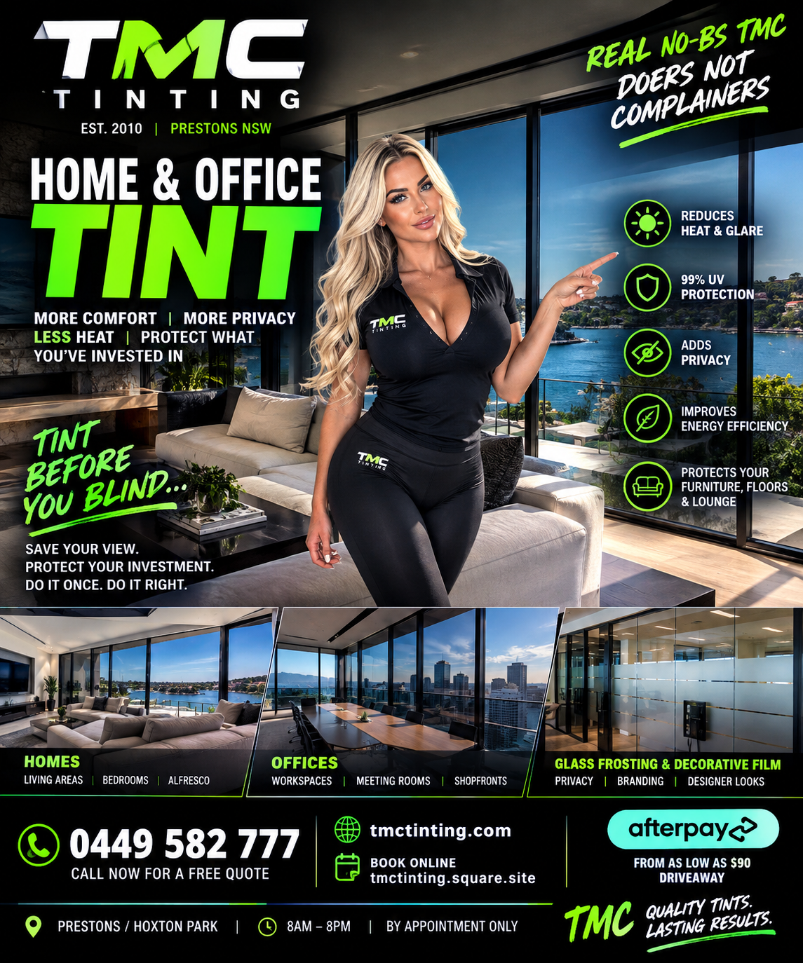 Home Office Glass Frosting & Window Tinting for sydney, canberra and wollongong new or old home office apartment builds perfect for those looking to reduce costly future repairs from sun fading your floorboards, carpets and blinds by not installing window tinting. add style privacy and heat reduction making your space more enjoyable all year round contact TMC TINTING today quality workmanship without the BS
